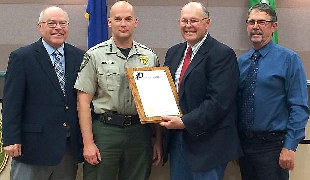 The Churchill County Commissioners declared the month of May as Law Enforcement Appreciation month. From left are commissioner Bus Scharmann, Churchill County Sheriff Ben Trotter, commissioners Pete Olsen and Carl Erquiaga.