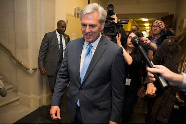 House Majority Leader of Kevin McCarthy of Calif. walks out of nomination vote meeting on Capitol Hill in Washington, Thursday, Oct. 8, 2015, after dropping out of the race to replace House Speaker John Boehner. In a stunning move, McCarthy withdrew his candidacy for House speaker Thursday, throwing Congress&#039; Republican leadership into chaos. (AP Photo/Evan Vucci)