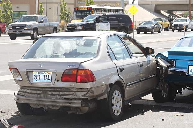 A Civic and Pontiac after a multi-car pile up on Thursday on Highway 50  in Carson City.