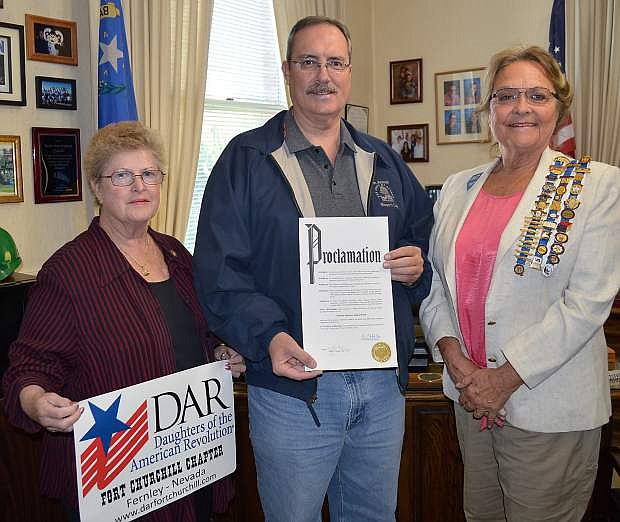 Mayor Ken Tedford Jr.  issued a proclamation for National American Indian Month. From left are Daughters of the American Revolution Bonnie Rardin,  Tedford and DAR Lynn W. Kinsell, chaplain, Nevada State Regent, Fort Churchill Chapter.