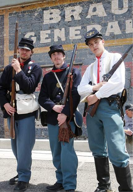Noah Jennings, 16, of Carson City, Aaron Victors, 17 and Peter Aylworth, 18, both of Reno, depict volunteers of the 81st Pennsylvania Company K at the Discover Gold In Dayton, Again event on Saturday.
