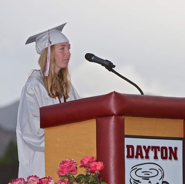 Dayton High Valedictorian Rachel Hadley addresses her 2016 classmates Wednesday evening during graduation ceremonies.
