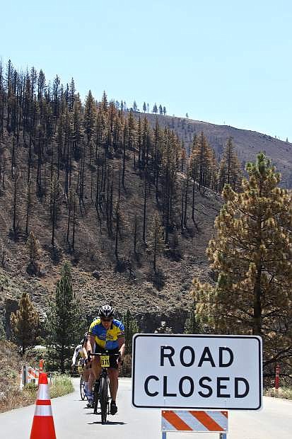 Death Riders make their way back north on Hwy. 89 towards Markleeville Saturday after climbing both Monitor and Ebbetts pass. Perfect weather greeted the cyclists this year after the Washington Fire and thunderstorms ravaged the area the past few weeks.