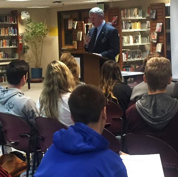 Chris Carver speaks to students at Carson High Wednesday.