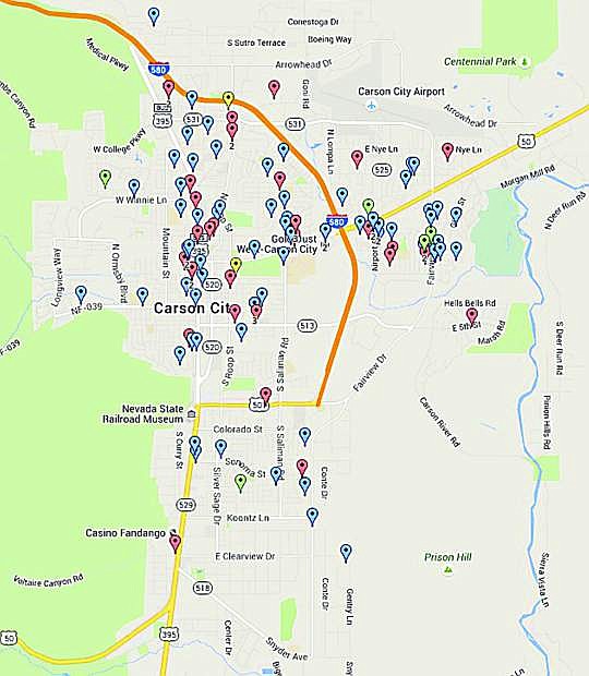 This shows the location of every domestic related call that the Carson City Sheriff&#039;s Office received in August 2015.  Red markers indicate a battery, blue a disturbance, yellow a battery report and green a disturbance report. In August 2015, there were 114 domestic related incidents in Carson City.