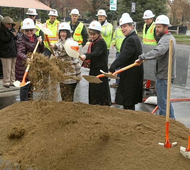 Taking part in a ground breaking ceremony on Monday for the Carson Street Urban Design Project are, from left, Debbie Lane with Muscle Powered Carson City; Supervisor Lori Bagwell; Supervisor Karen Abowd; Mayor Bob Crowell and Supervisor Brad Bonkowski.