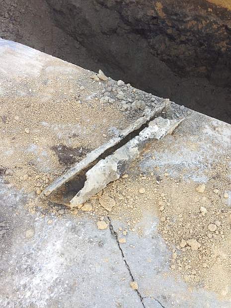 A pipe removed during the construction on Carson Street is seen. The pipes are estimated to be about 50 years old and in some cases, like this one, were leaking.