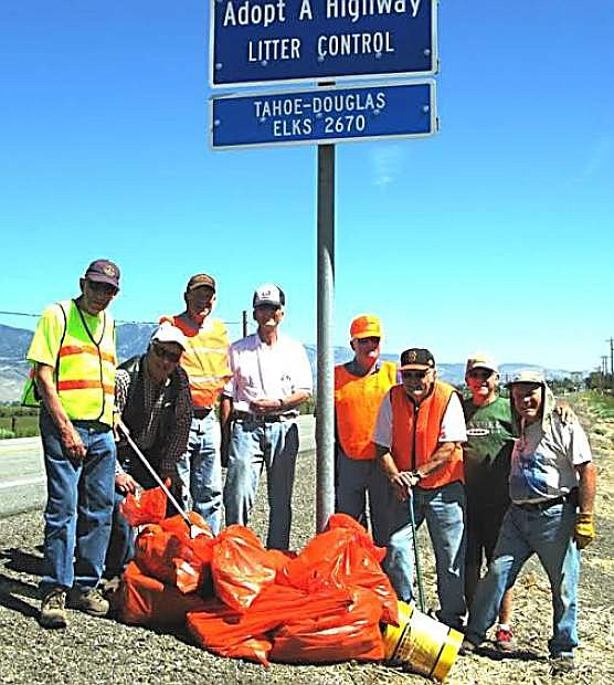 Members of Tahoe-Douglas Elks Lodge 2670 picked up litter along Highway 88 on June 21. From left are Pete Harding, Howard Wickersham, Gary Wendt, Brad Landahl, Earl Capehart, Ron Darrington, Jim Tavernier and Jim Plamenig.