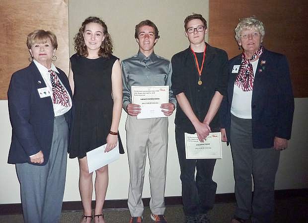 Tahoe-Douglas Elks Lodge 2670 awarded scholarships to four Douglas County students. Shown are Toni Wendt; Samantha Brown, who received $500; Grant Dunkelman, who received $500; Andrew Frost, who received $1,000; and Scholarship Chairman Mary Retterer. Not pictured is Tori Anna Jiminez from Whittell High School who also will received $1,000.
