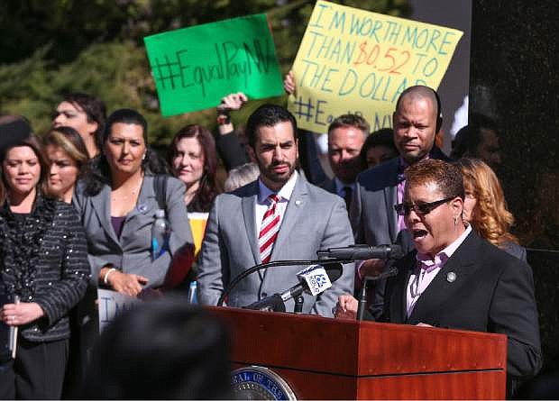 Nevada Sen. Pat Spearman, D-North Las Vegas, speaks at a news conference in front of the Legislative Building in Carson City, Nev., on Monday, Feb. 23, 2015. Spearman plans to introduce a bill Tuesday that would expand provisions related to equal pay. (AP Photo/Cathleen Allison)