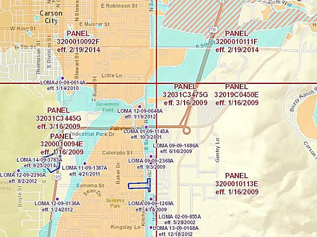 A screen shot of the flood zones in areas of Carson City.