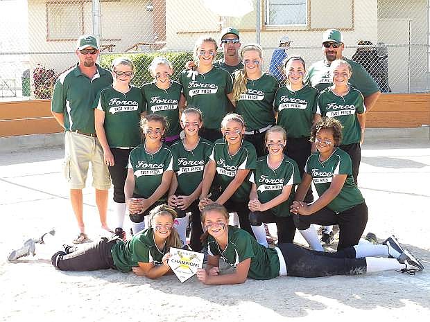 The Fallon Force 12-and-under softball team bottom row from left are Lorynn Fagg and Rylee Buckmaster. Middle row from left are Ashley Agaman, Aspen Mori, Alexis Jarrett, Bella Jones and Torianna Rahm. Back row from left are coach Karl Buckmaster, Shaylee Fagg, Karlee Hitchcock, Madison Paladini, asstistant coach Jared Jones, Chandler McAlexander, Taylor Ingram, asstistant coach Mike Agaman and Alliah Dixon.