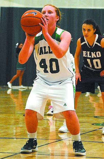 Fallon freshman Kayla Buckmaster shoots a free throw during the Lady Wave&#039;s Northern Division I-A game against Elko on Saturday.