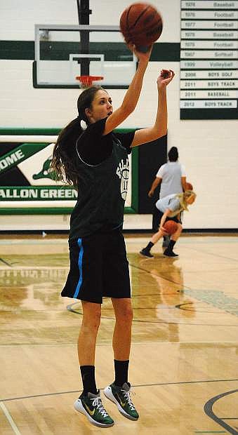Fallon senior transfer Maggie O&#039;Flaherty goes up for a shot during practice on Monday.