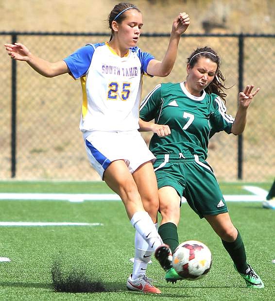 Fallon midfielder Rebecca Mills challenges South Tahoe&#039;s Ally Kings during the Lady Wave&#039;s 4-0 loss on Saturday.