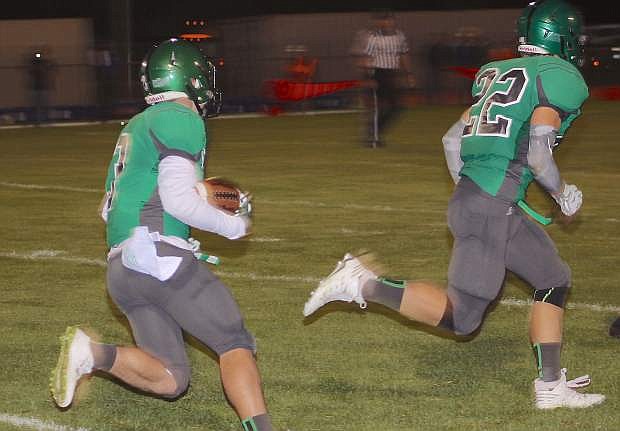 Connor Nelson (3) scores on an 88-yard opening kickoff of the second half one week aga against South Tahoe as Cade Vercellotti blocks. Fallon plays tonight at Dayton beginning at 7 p.m.