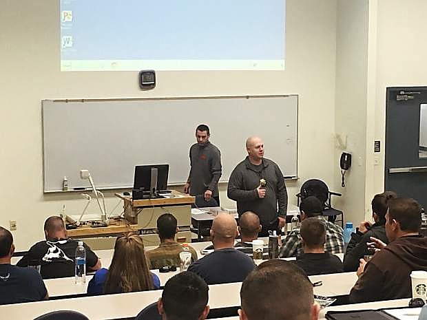 Officers from the Tri-County Gang Unit teach one of the classes at the Northern Nevada Gang Conference in Reno Wednesday.