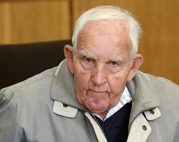 Siert Bruins , 92-year-old former member of the Nazi  Waffen SS, sits in the courtroom of the court in Hagen, Germany, Monday, Sept. 2, 2013. Dutch-born Siert Bruins, who is now a German,  is on trial on allegations he executed a Dutch resistance fighter in 1944. Bruins, who volunteered for the SS after the Nazis took the Netherlands in 1941, already served time in Germany in the 1980s after being found guilty in the wartime killing of two Dutch Jews.  (AP Photo/Frank Augstein)