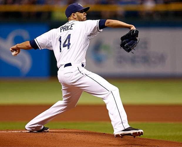 Tampa Bay Rays starting pitcher David Price throws during the first inning of a baseball game against the San Francisco Giants Saturday, Aug. 3, 2013, in St. Petersburg, Fla. (AP Photo/Mike Carlson)