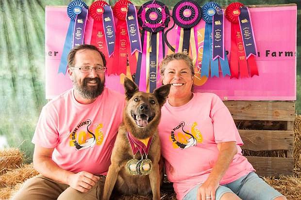 Ginger proudly shows off her three gold medals from the 2016 Barn Hunt National competition with John Fisher, left and Liz Leisek, right.