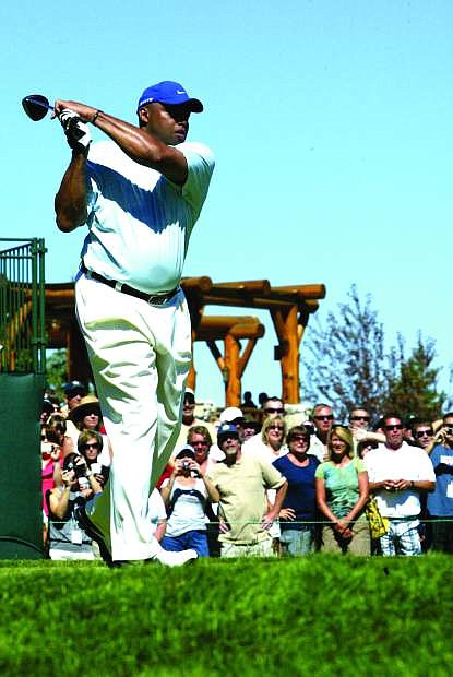 Charles Barkley demonstrates unique swing at a previous American Century Championship golf tournament.