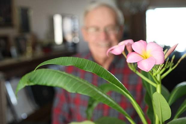 Glade Myler with his plumeria tree at home in Carson City on Friday. He said they&#039;ve had the tree, native to Hawaii, for three years and this is the first time it&#039;s produced flowers.