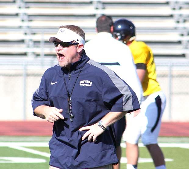 Nevada head coach Brian Polian reacts during practice this week at Macaky Stadium in Reno.