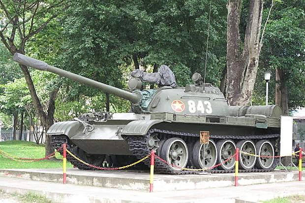 Tank 843 of the North Vietnamese Army, which rammed its way into the Presidential Palace in Saigon, today occupies a place of honor on the palace grounds.