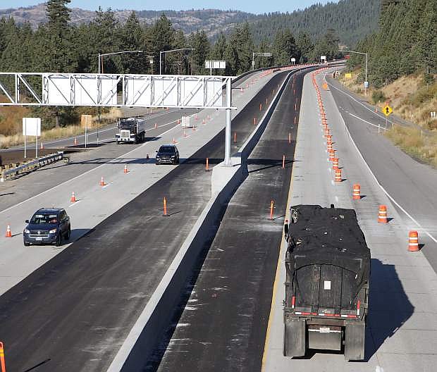 Orange cones can be seen directing traffic eastbound and westbound on  Interstate 80 near Donner Pass Road last week, as part of Caltrans&#039; work on the highway.