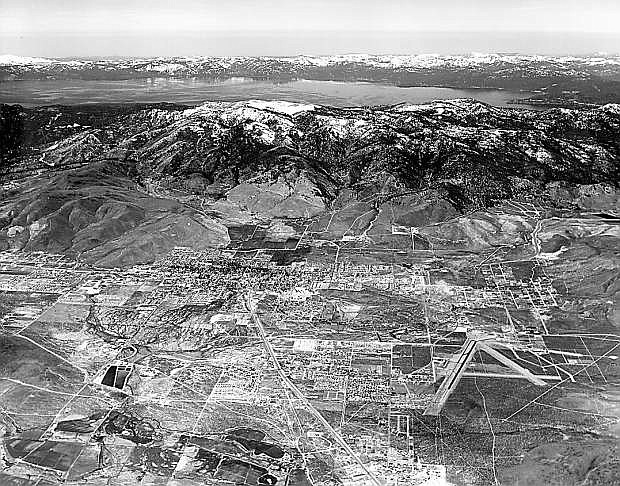 An aerial view of Carson City and Lake Tahoe in 1972.