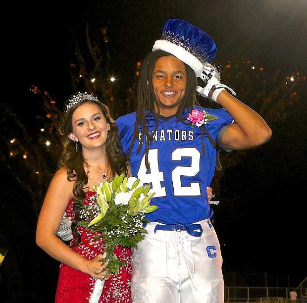 Haley Gray and Ikela Lewis are the 2015 Carson High School fall homecoming queen and king as shown here Friday night at the Jim Frank Track and Field Complex.