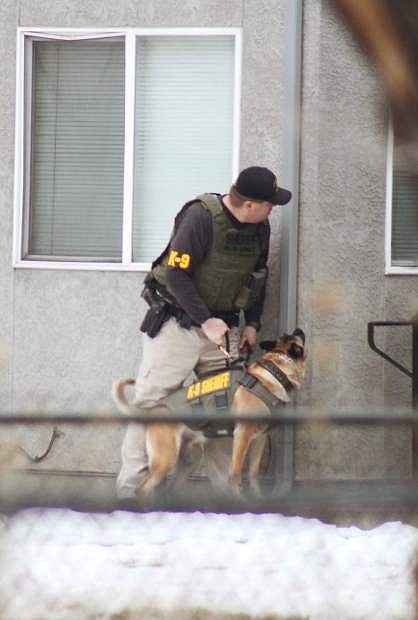 A SWAT K-9 officer watches as SWAT teams make entry into the suspect&#039;s residence.