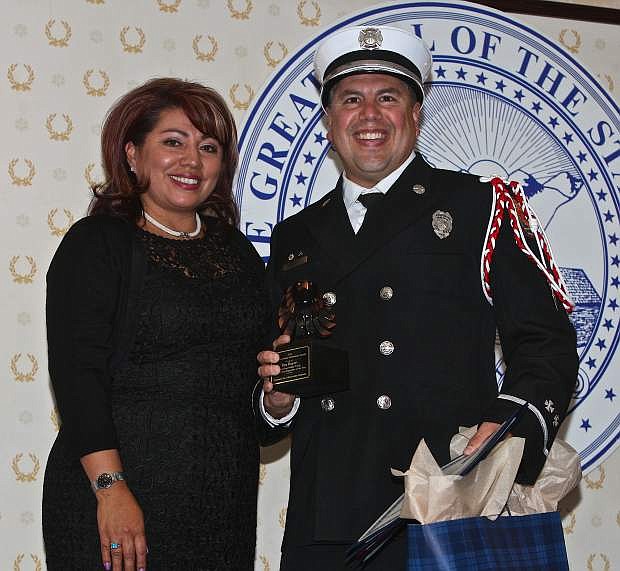 Ben Rupert (right) poses with his wife Sherry Saturday evening after receiving the 2014 Contributor/Supporter of the Year award at the American Indian Achievement Awards Banquet held at the Governor&#039;s Mansion in Carson City.