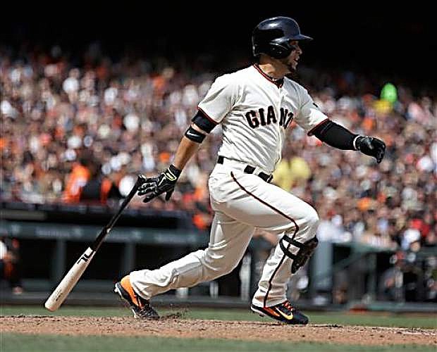 San Francisco Giants&#039; Gregor Blanco swings for a single off Cleveland Indians&#039; Zach McAllister in the fifth inning of a baseball game on Saturday, April 26, 2014, in San Francisco. (AP Photo/Ben Margot)