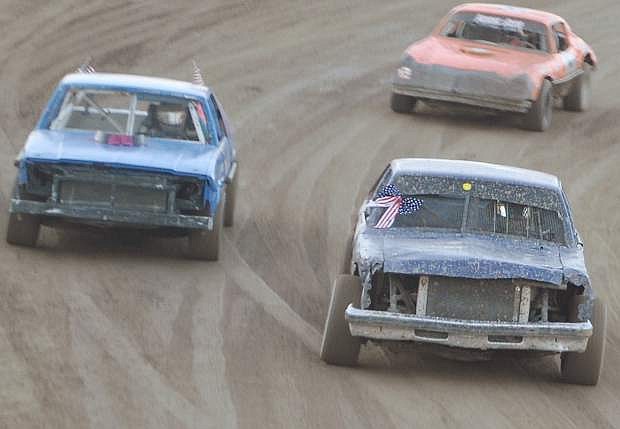 Shayne Robertson, front, leads the pack in the Hobby Stocks during the final day of the Iron Man challenge.