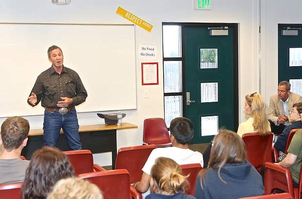 Former NHL hockey player Clint Malarchuk speaks to an audience about the dangers of substance abuse and how he overcame his own struggles at the Carson City Juvenile Probation facility Wednesday.