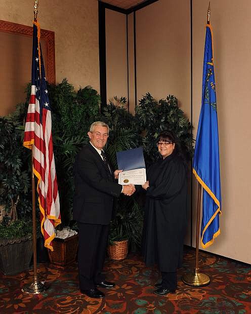 Judge Camille Vecchiarelli, Justice of the Peace, Dayton Township Justice Court, was honored with the 2015 Judge of the Year award, which was presented at the Nevada Judges Limited Jurisdiction seminar in Mesquite.