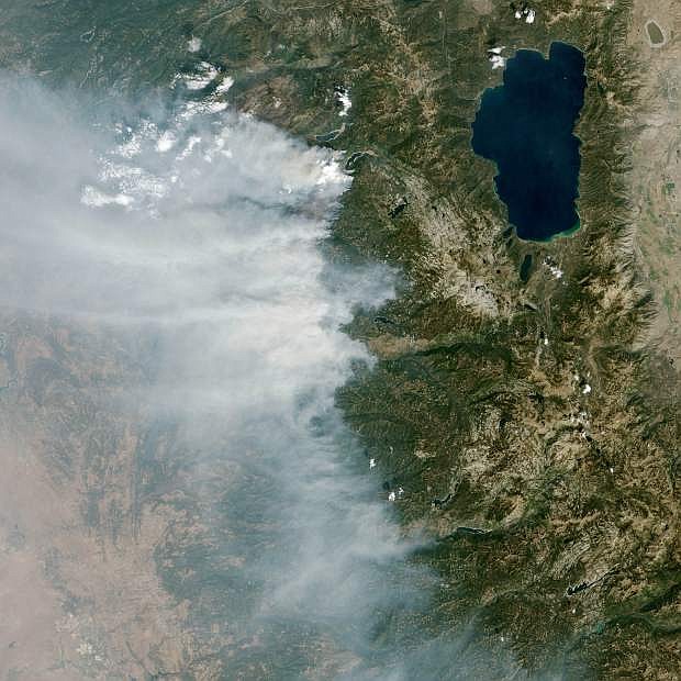 The King Fire near Pollock Pines, Calif., is seen from space. The fire has burned 139 square miles.