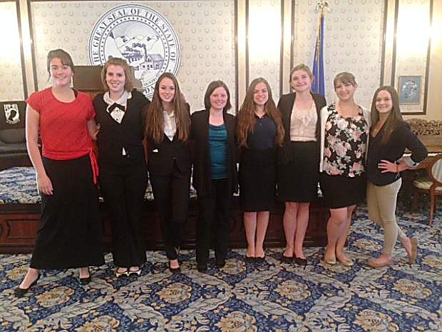 Alumni and delegates from Carson, Douglas and Sierra Lutheran high schools are shown from left to right: Tayler Duby, Allison Ansel, Caroline Gabica, Coral Gramelspacher, Audrey Piere, Breanna Taylor, Serena Herup (counselor), and Taylor Vizzusi (counselor).