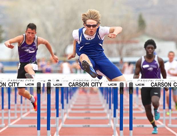 Senator Corey Reid wins the men&#039;s 110m high hurdles Saturday afternoon at Carson High.