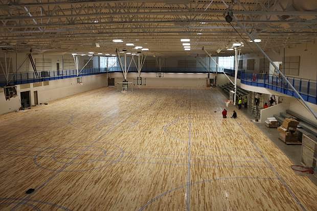 Looking down from the walking track at the 24,000 square hardwood basketball courts inside the Carson City MAC.