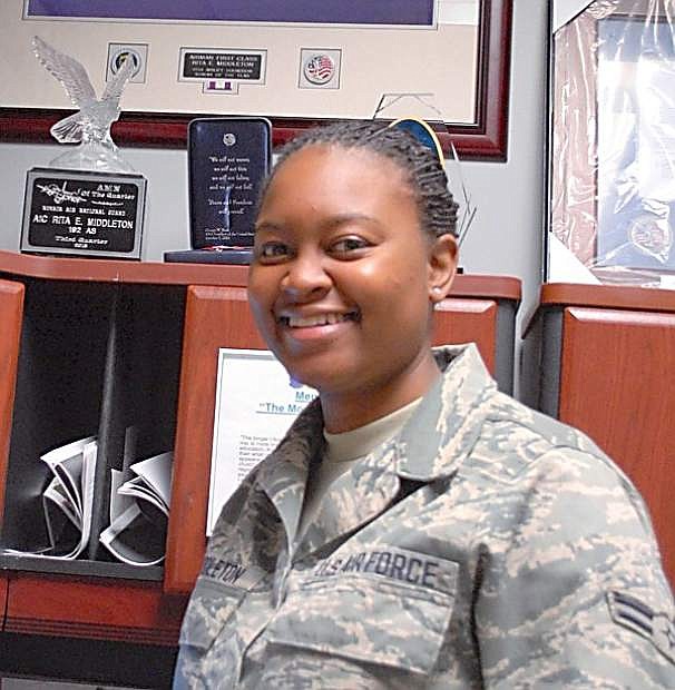 Airman 1st Class Rita Middleton, an aviation resource manager in the 192nd Airlift Squadron, overcame a bad break in her childhood to become one of the most decorated individuals in the Nevada Air Guard.