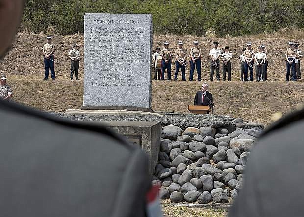 Secretary of the Navy) Ray Mabus delivers remarks at the 70th anniversary commemoration ceremony of The Battle for Iwo Jima in Iwo To, Japan.