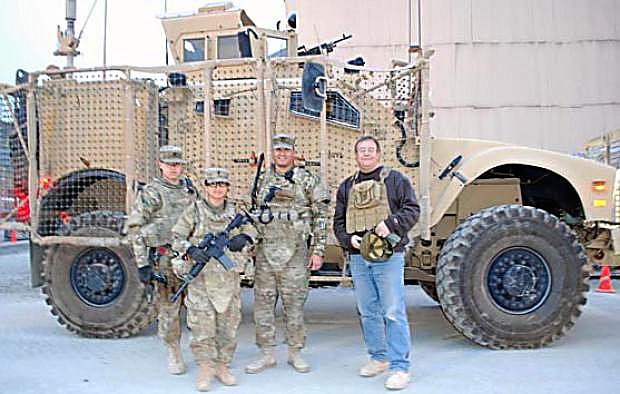 LVN Editor Steve Ranson, right, prepares to rumble into Kabul in November 2012 with Nevada Army National Guard soldiers including, from left, Spc.  Chase Iveson, Spc. Julia Rodriguez and Capt. (now Maj.) Curt Kolvet.