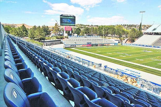 A look at the scoreboard and chair back seats at the renovated Mackay Stadium on Wednesday.