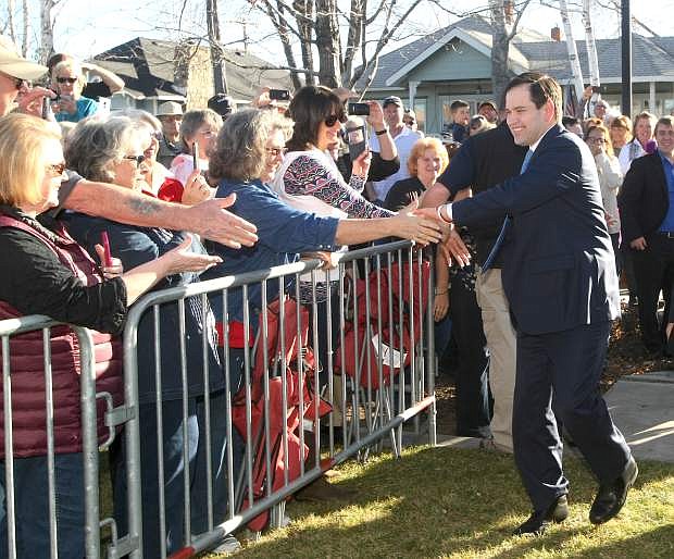 Florida Sen. Marco Rubio greets his supporters during a campaign stop at Minden Park in Carson Vallley on Monday afternoon.