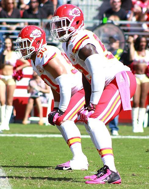 Former Nevada and current Kansas City teammates and linebackers Josh Mauga, left, and James-Michael Johnson get in position during the Chiefs&#039; 22-17 loss at San Francisco on Sunday.