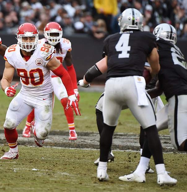 Fallon&#039;s Josh Mauga (90), an inside linebacker for Kansas City, leads the Chiefs into a first-round AFC playoff game on Saturday against Houston.