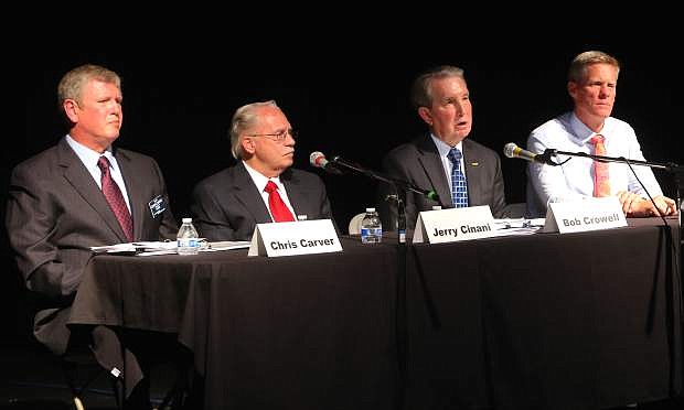 The four candidates running for Carson City Mayor, from left, are Chris Carver, Jerry Cinani, Bob Crowell and Kurt Meyer participated in a forum hosted by the Carson City Chamber on Tuesday night.