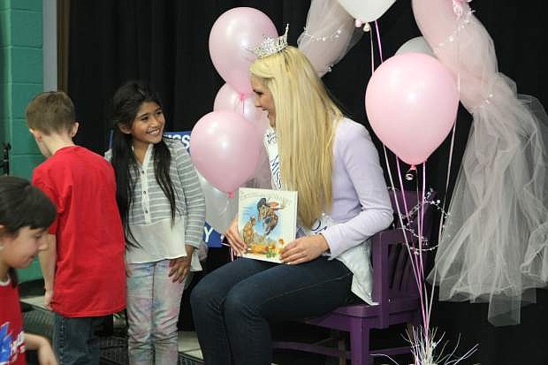 Miss Nevada Diana Sweeney talks with Mark Twain Elementary School students on Friday after reading &#039;The Tortoise and the Jackrabbit&#039; by Susan Lowell.